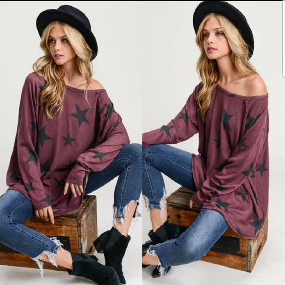 Burgundy LS Shirt with Black Stars 🎃HP🎃LAST ONE! - Picture 2 of 6